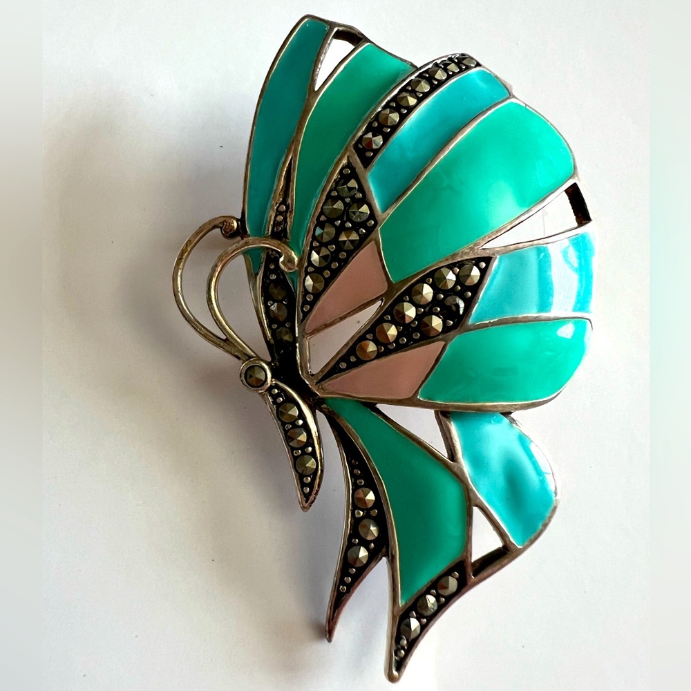 Sterling Enamel, Marcasite Vintage Butterfly Brooch